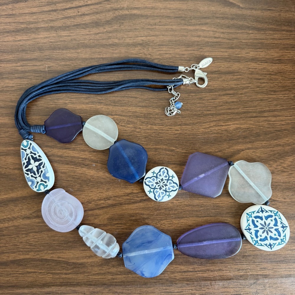 Chicos Blue Purple Frosted Faux Glass Beads Chunky Statement Necklace Coastal